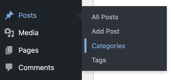 A view of the WordPress sidebar menu highlighting where to click to organize your blog categories.