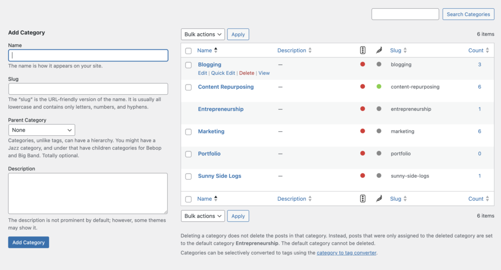 A view of the WordPress category editor where you can easily manage and learn how to organize blog categories.